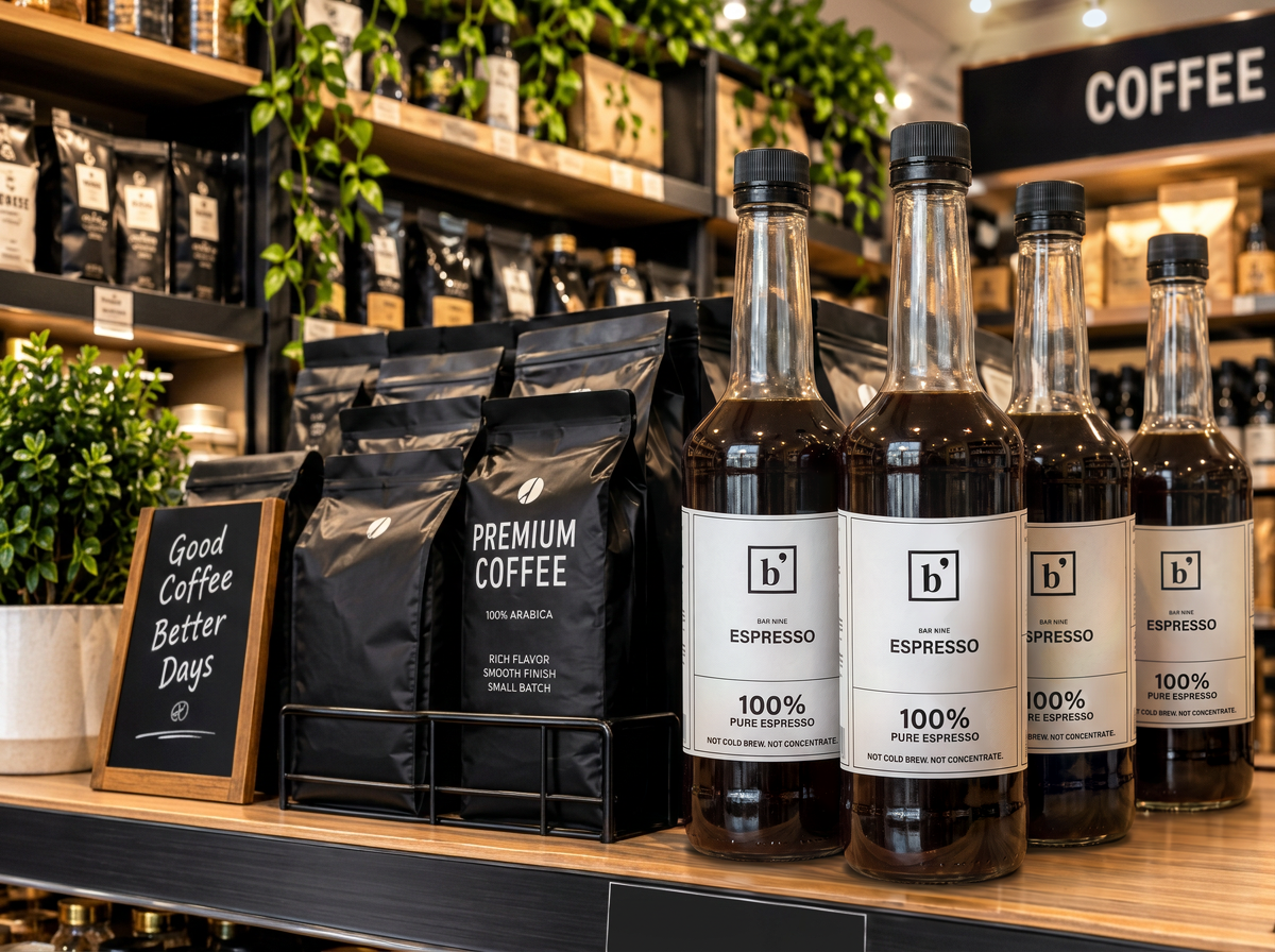 Four Bar Nine Pure Espresso bottles lined up on a coffee shop counter