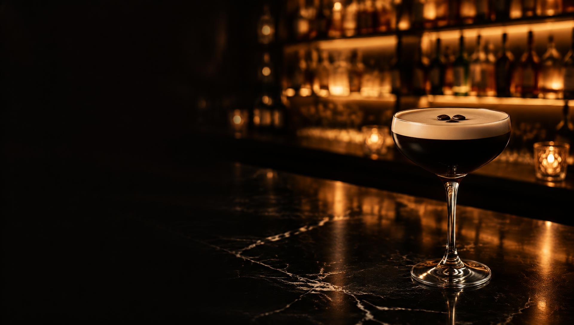 A dark back bar with an espresso martini in the foreground and a bottle on the shelf