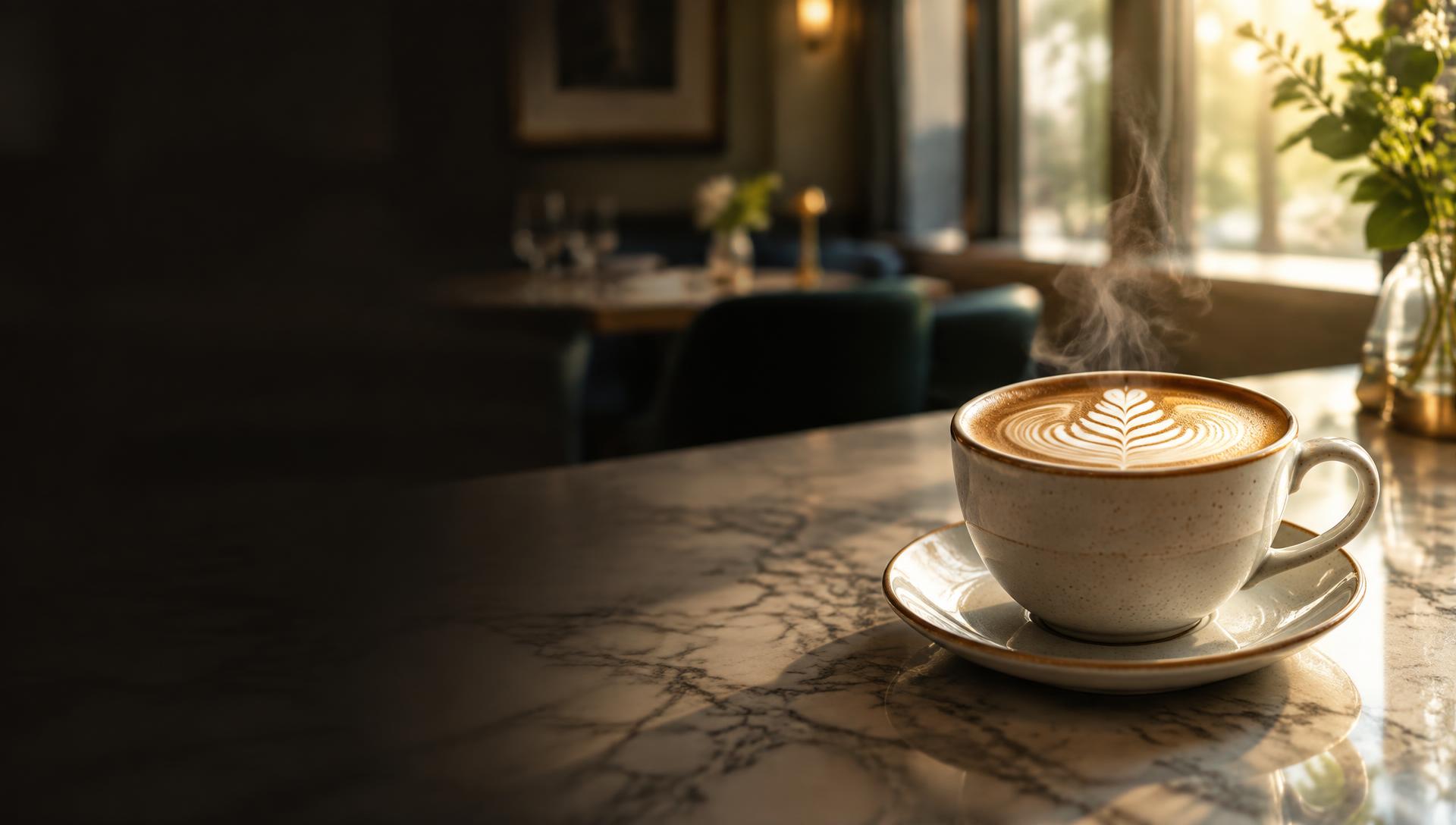 A hot latte on a marble bar top with a steam wand blurred behind it