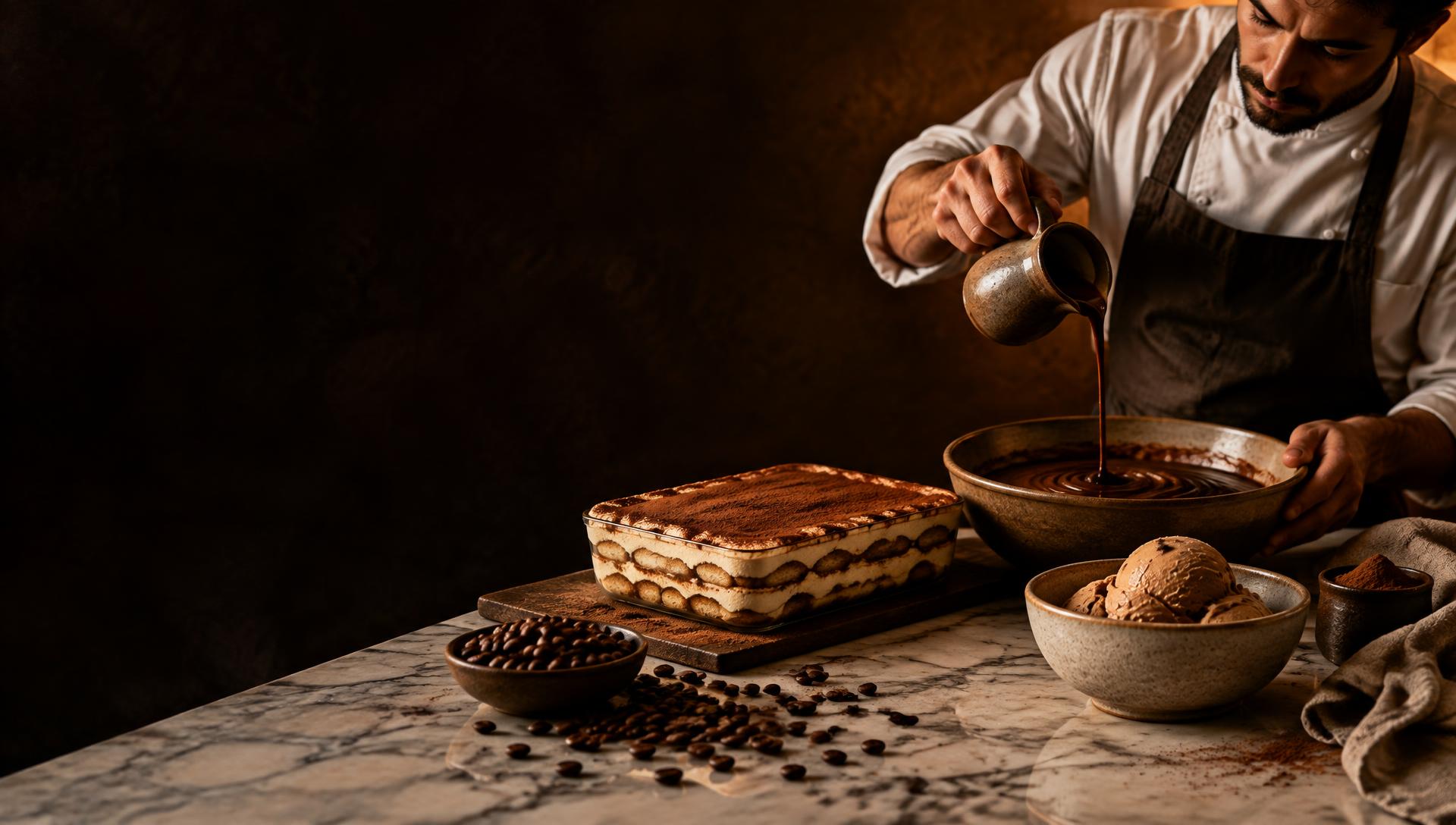 A chef pouring espresso into chocolate beside tiramisu and coffee ice cream