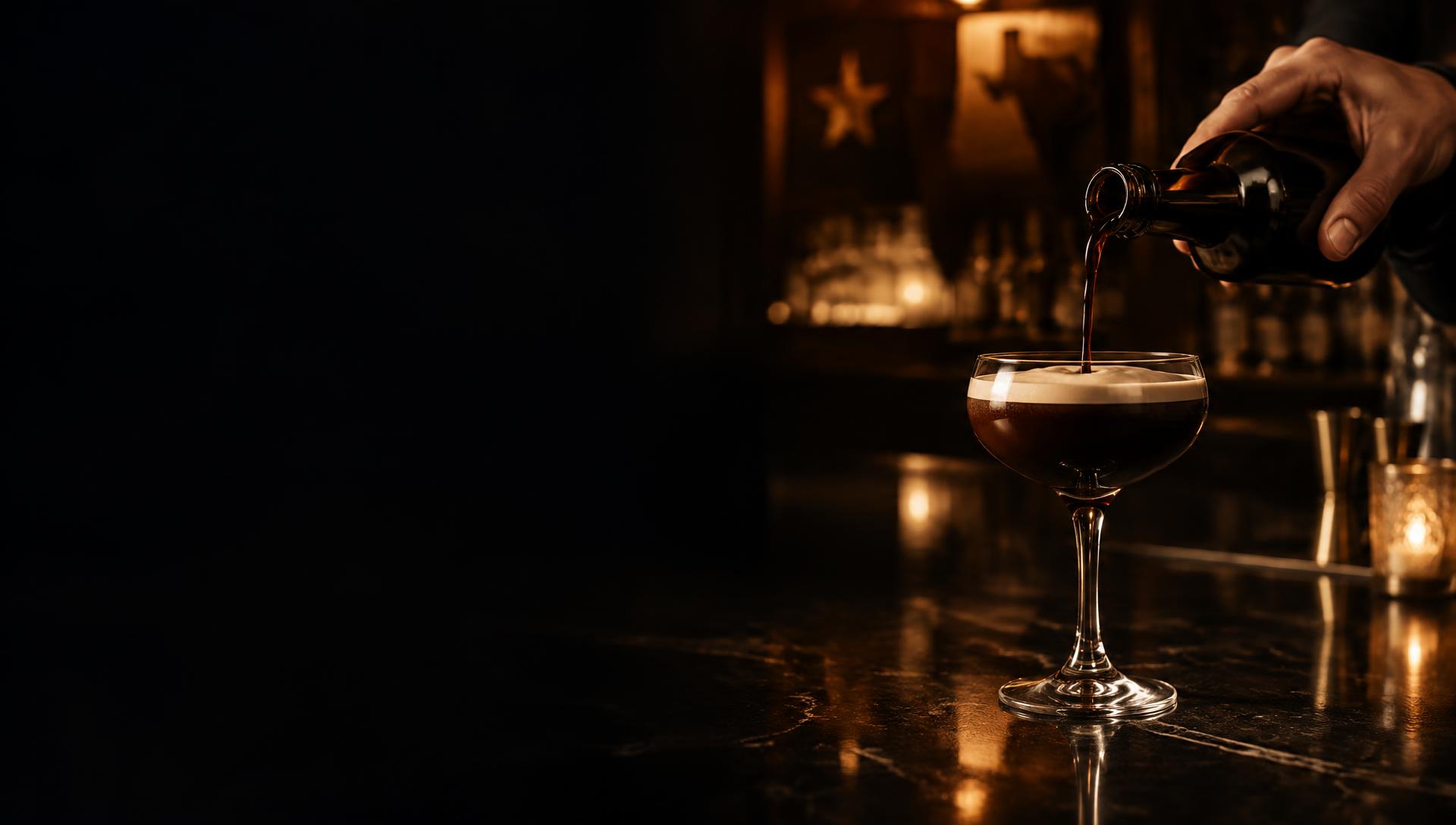 Dark bar counter with an iced latte and an espresso martini in the foreground and a bottle behind