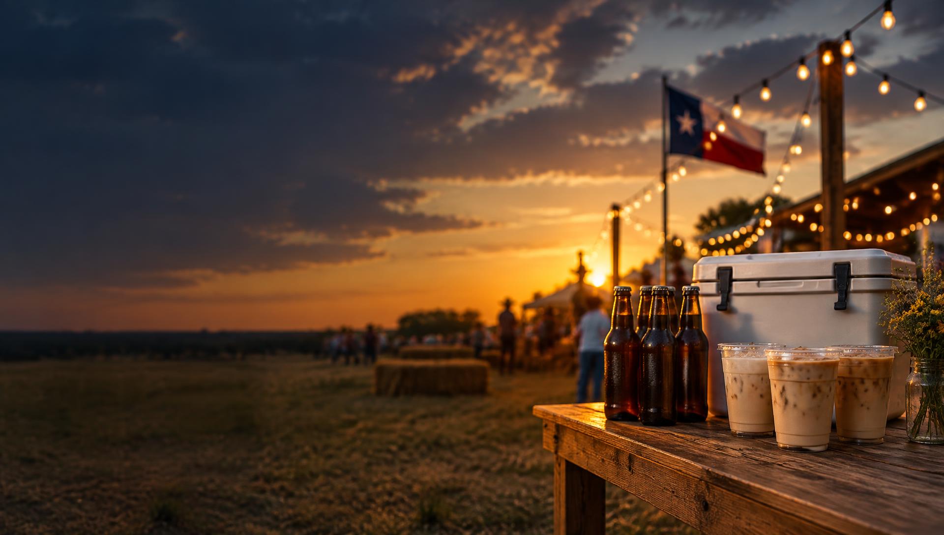 A three-foot table under a tent holding a cooler, bottles, a steam wand and milk pitchers