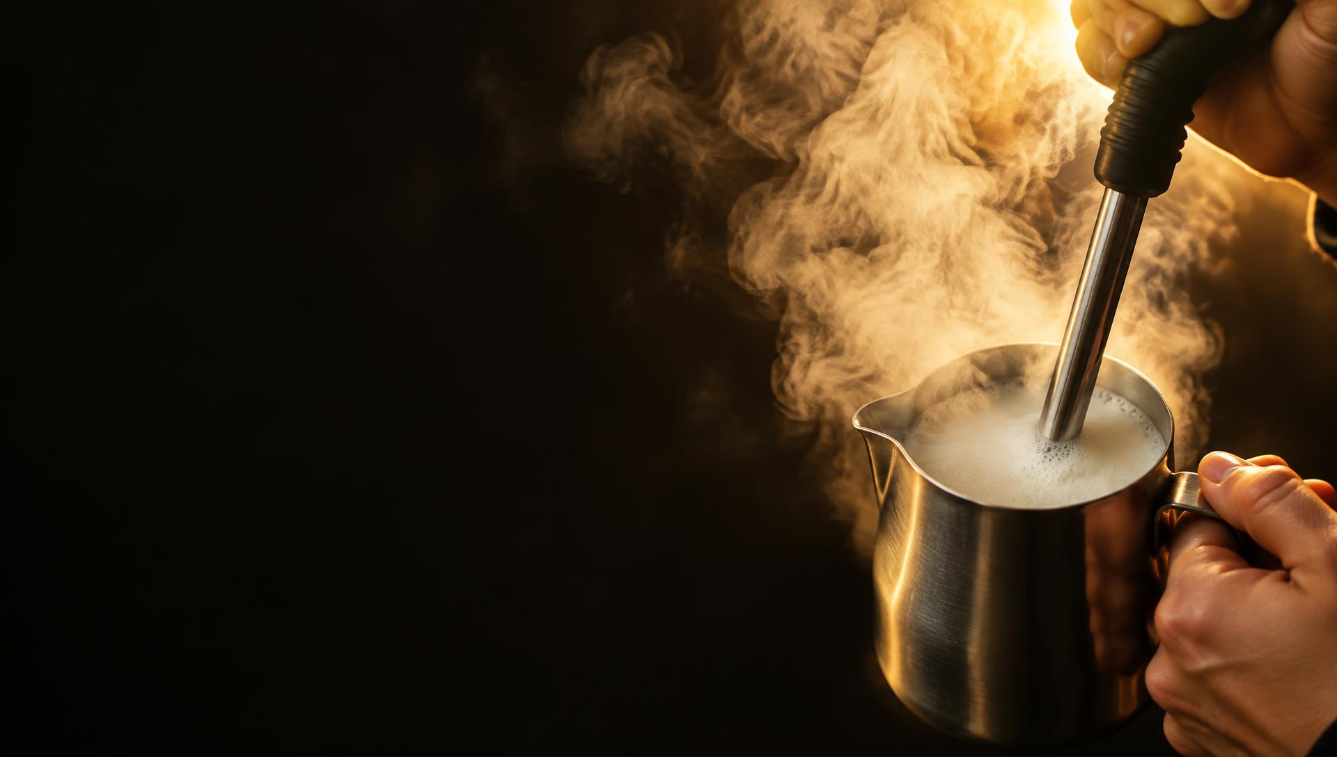 A countertop steam wand foaming milk in a metal pitcher